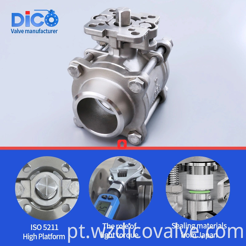 DICO Investment Casting Material Butt Butt End com alta plataforma de aço inoxidável 3pc Válvula de esfera